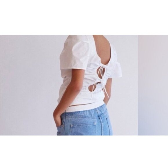 NWT Ruched White Open Back Top By Thakoon Size 8 100% Cotton Short Puff Sleeves - Picture 10 of 11